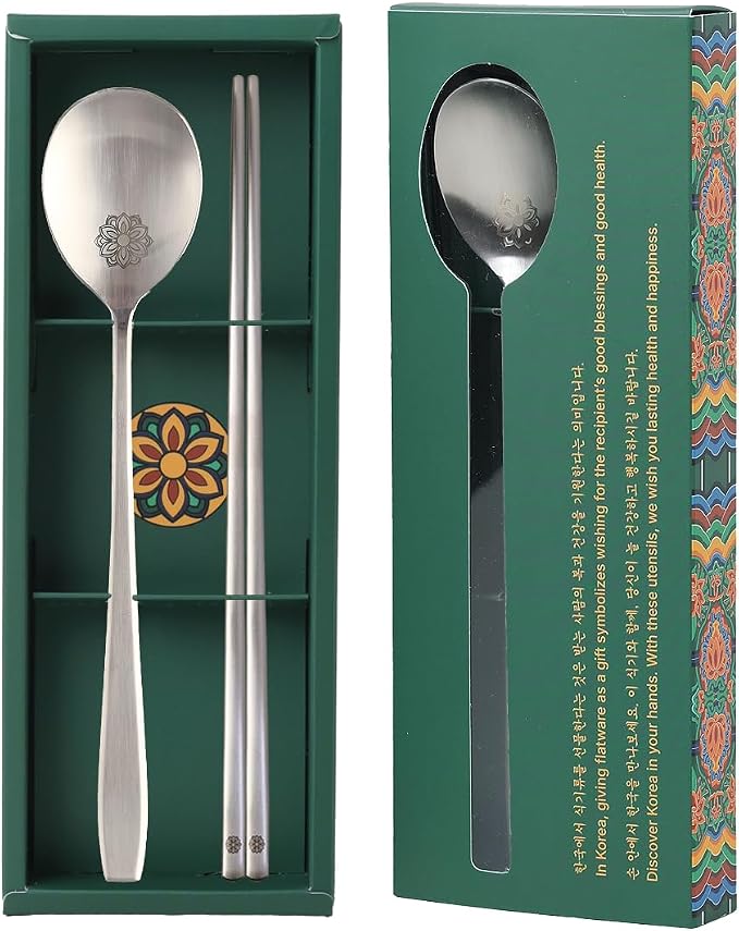 Korean Floral Engraved Spoon and Chopsticks Set, 18/10 Stainless Steel | Sujeo gift set for one in Korean inspired box, made in Korea