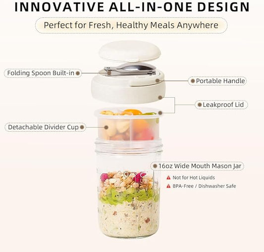 2 Pack Overnight Oats Containers with Lids and Handles, Folding Spoons & Divided Compartments for Fruit & Nuts, 16oz Glass Mason Jars for Oatmeal, Meal Prep & Breakfast (Cream 2pcs)