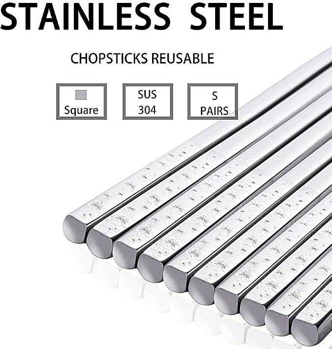 Metal Chopsticks Reusable Titanium Plated Stainless Steel Japanese Korean for Food & Cooking 9.5Inch Non-Slip for Beginners Square Laser 5 Pairs Gift Set