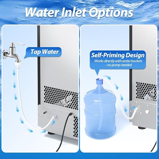 Commercial Ice Maker, 100LBS/24H Freestanding Ice Machine with Self-Priming Gallon Water& Facuet Water Inlet, Self-Cleaning, 3 Ice Thickness,16LBs Storage Bin for Home, Office,Garage, Bar, Restraunt