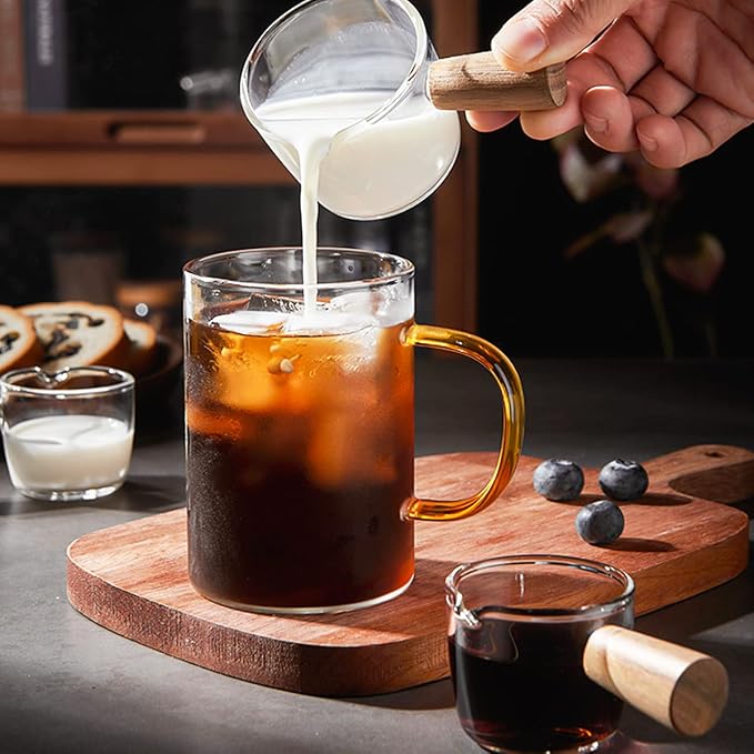 Mwellewm Single Spout Espresso Coffee Shot Glass with Wood Handle Measuring Cup Triple Pitcher Milk Cup Coffee Replacement Carafe for Barista Coffee Carafe Milk Espresso Making, 75 ml (2 Pieces)