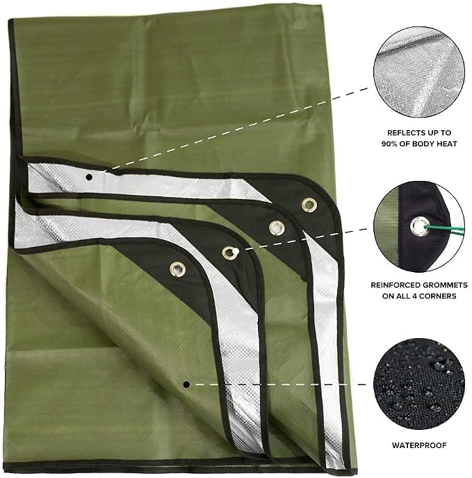 Arcturus Insulated Tarp, Reusable Heavy Duty Thermal Survival Blanket – 60x82in, Reflects 90% Body Heat, Waterproof, Windproof, 3-Layer Design, Reinforced Grommets, Olive Green