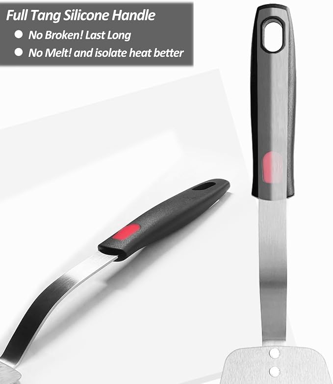 Stainless Steel Flexible Spatula, Thin Metal Turners, 2Pack(S+XL) Slotted | Kitchen Spatula Truner for Cast Iron Skillet,Thin Blade & Heat Resistant Silicone Handle, Great for Egg, Cookie, Meat, Crep