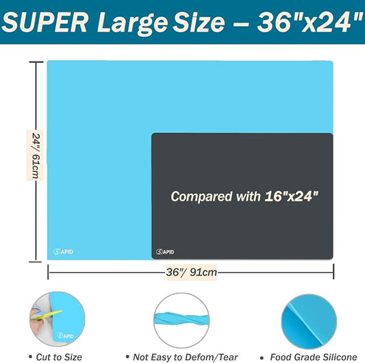 Extra Large Silicone Mat Kitchen Counter Heat Resistant Table Mat 36" x 24" | Place Mats, Countertop Protector , Thick Placemats Washable Silicone Mats for Kitchen Counter Dining Table Mat, Blue, Sapid
