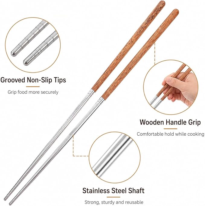 Kichvoe 15.75 Inch Long Cooking Chopsticks, Stainless Steel with Wooden Handle, Non-Slip Utensil for Chinese Cooking, Hot Pot, BBQ, Noodles and Deep Frying, 1 Pair