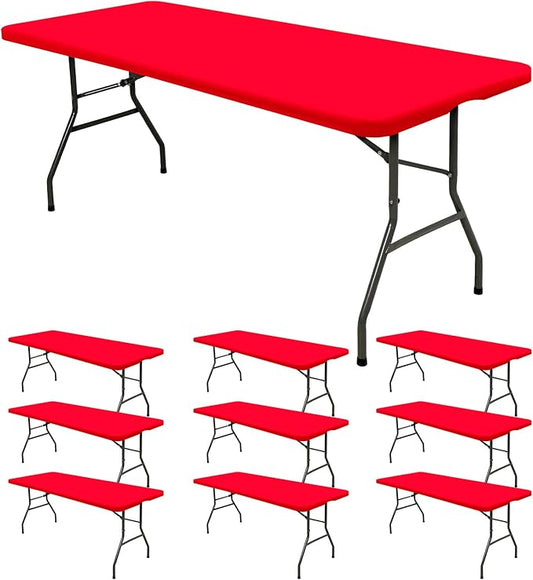 10 Pack Stretch Fabric Table Top Cap Cover, fits 6' Tables, Spandex Table Covers Washable Elastic Rectangle Tablecloth Protector for Indoor Outdoor Party Picnic Wedding, Red, 30" W x 72" L