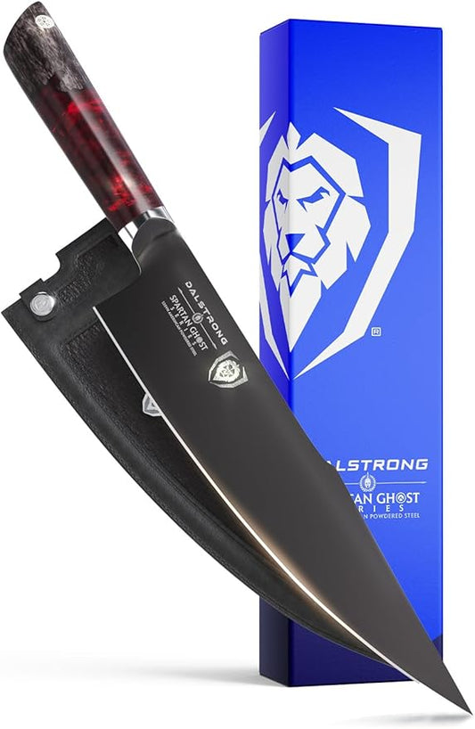 Dalstrong Chef Knife - 9.5 inch - Spartan Ghost Series - Premium American Forged S35VN Powdered Steel - Razor Sharp Kitchen Knife - Chef's Knife - Maple & Red Resin Handle - Sheath