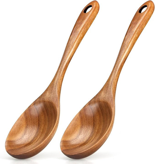 2 Pcs Large Wooden Spoons for Cooking Serving Mixing Kitchen Spoon Big Acacia Wood Utensils Set Teak Spatula Cooking Spoon Set Bamboo Baking Spoons Non Toxic Kitchen Tools Cooking Accessories