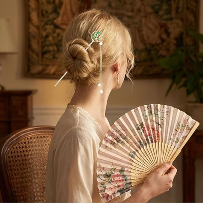 6PCS Chinese Hair Sticks Set, Gold White Japanese Hair Stick with Pearl Flower Bamboo Leaves Design Metal Hair Chopsticks Hair Bun Updo Holders Long Thick Hair Accessories for Women