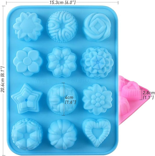 Newk Flower Heart Shape Chocolate Silicone Mold, 4 Packs 12 Cavity Candy Baking Mold for Parties, Festival and DIY Crafts - Green, Blue, Pink, Orange