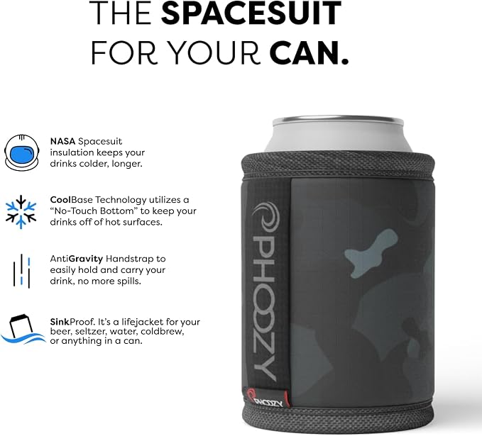 PHOOZY Insulated Can Cooler for 12 oz Cans - Patented Drink Sleeve with NASA-Inspired Technology - Keeps Beer, Soda & Sparkling Water Cold Longer - Lightweight Outdoor Can Holder - Black Camo