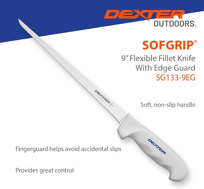 Dexter Outdoors SOFGRIP 9" Flexible Fillet Knife with Edge Guard | High-carbon American stainless blade resists corrosion. Slip-resistant soft grip and edge guard included, made in USA.
