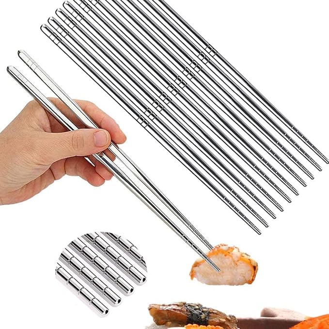 5 Pairs Metal Chopsticks, Stainless Steel Chopsticks Set, Reusable, Lightweight 304 Non-Slip Chop Sticks, Dishwasher Safe, Japanese Korean for Cooking, 8.9 Inch, Silver