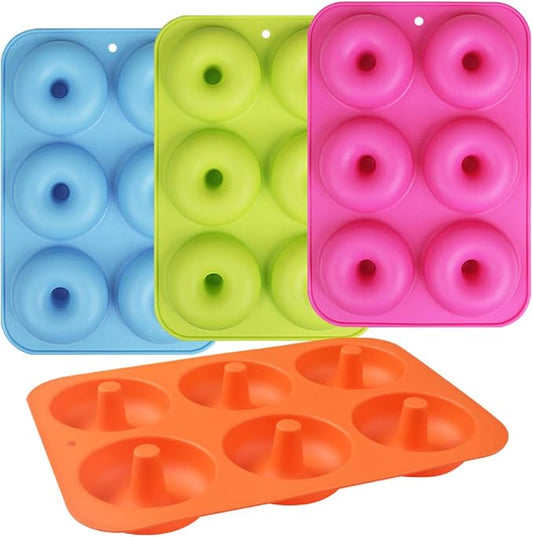 Newk Silicone Donut Pan, 6 Cavity Non-Stick Silicone Donut Mold for Donuts, Bagels - Set of 4, Blue+ Light Green+ Rose Red+ Orange