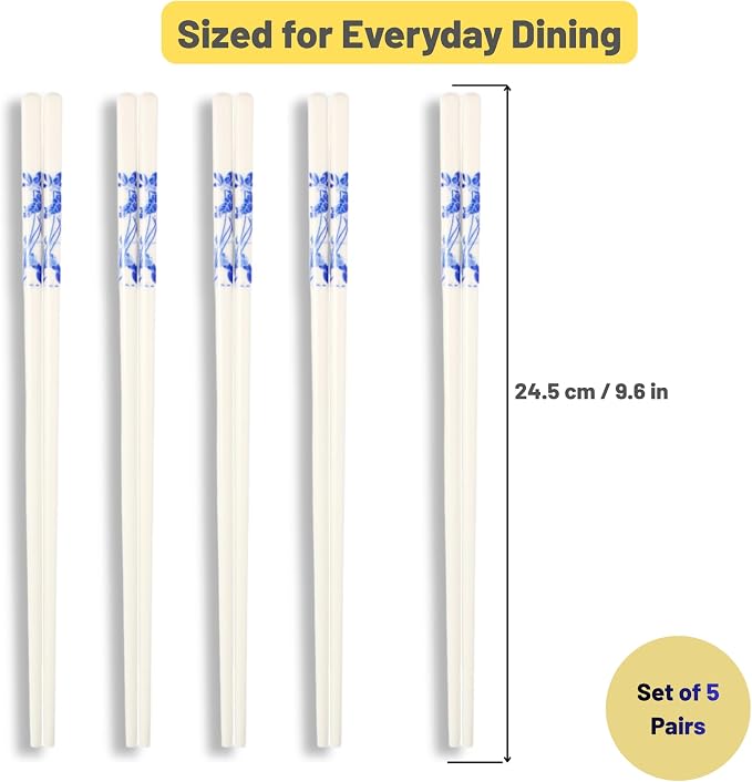 Porcelain Chopsticks Set of 5 Pairs, Reusable Bone Ceramic Chopsticks, Dishwasher Safe, Non-Slip Design, Elegant Gift Box for Family or Restaurant Use (lotus)