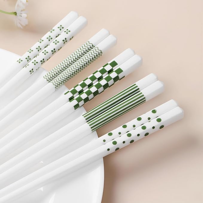 Ceramic Chopsticks Reusable 5 Pairs,Porcelain Chop Sticks,Green,9.7'' | Easy to Clean,Dishwasher Safe,Heat Resistant,with a Gift case,Cooking Chopsticks,High-grade Bone China Porcelain