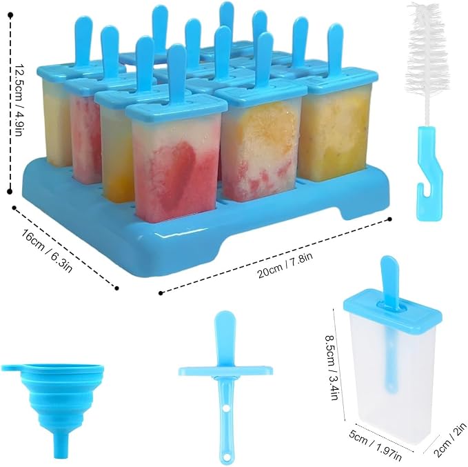 12 Cavities Popsicles Molds, BPA-Free Popsicle Molds with Built-in Popsicle Stick, DIY Popsicle Molds with Cleaning Brush and Funnel