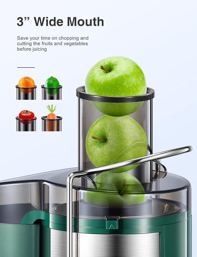 QCen Juicer Machine 500W Centrifugal Juicer with Extra Wide Feed Chute | For Fruits And Vegetables, Stainless Steel, BPA-Free Parts, Easy To Clean, Green, Compact Countertop Juicer