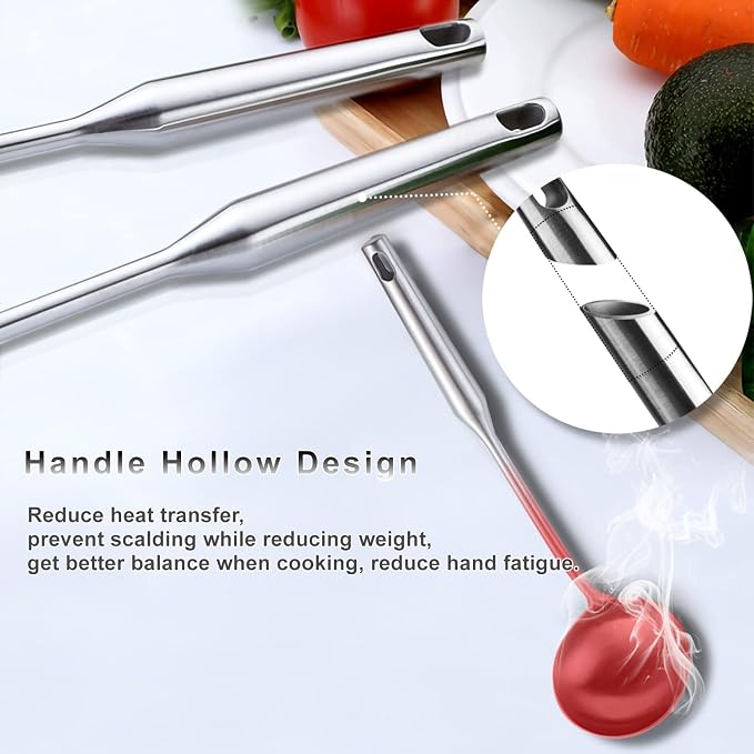 Stainless Steel Kitchen Cooking Utensils Set 6 PCS Dishwasher Safe | Food-grade 304, All Metal, 12-13.6", Wok Spatula, Ladle, Skimmer, Slotted Spatula Turner, Spaghetti Spoon, Large Spoon
