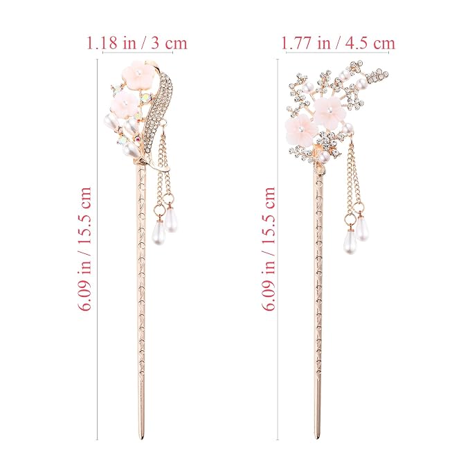 2 Pcs Rhinestone Pearl Flower Hair Stick Chinese Hair Chopsticks Vintage Tassel Hair Pin Chignon Pin Hair Styling Making Accessories for Women