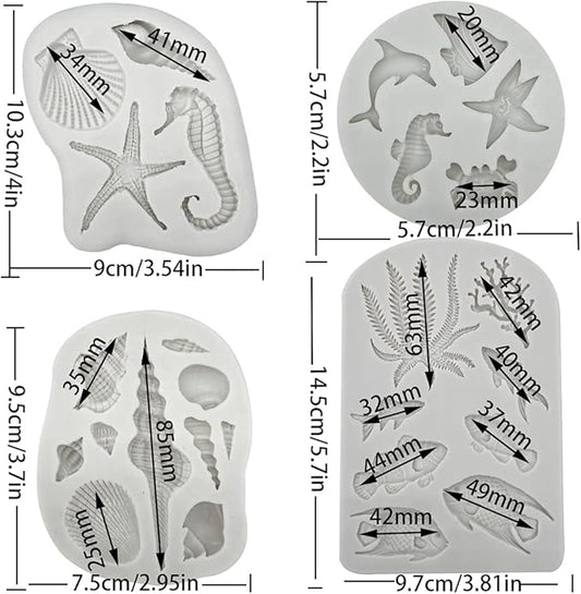 4PCS Marine Theme Fondant Silicone Mold Seaweed Sea Fish Crab Coral Conch Sea Shells Shape DIY Handmade Baking Tools