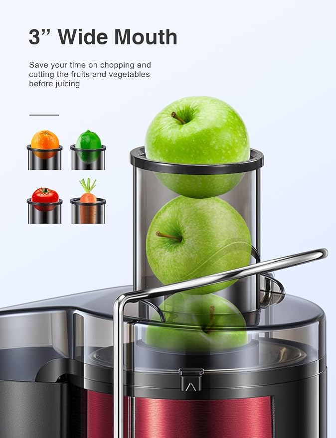 QCen Juicer Machine 500W Centrifugal Juicer with Extra Wide Feed Chute | For Fruits And Vegetables, Stainless Steel, BPA-Free Parts, Easy To Clean, Metallic Red, Countertop Juicer