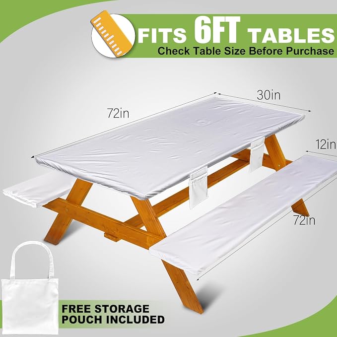 Wrakus Picnic Table Cover with Bench Covers Vinyl Elastic Edges Fitted Rectangle Seat Tables Waterproof 3-Piece72X30in Set Outdoor Rectangular Folding Backing Tablecloth for Camping Over Size