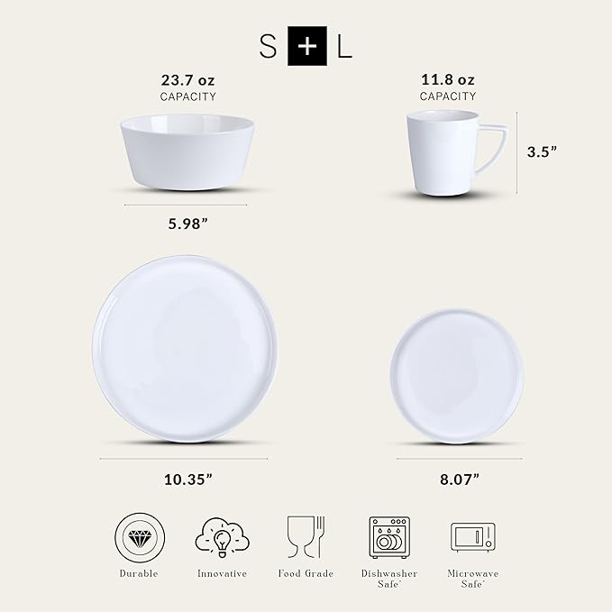 Stone Lain Madeline Bone China 16 Piece Dinnerware, Plates and Bowls Sets for 4, White Dish Collection with Mugs, Modern Edge, Microwave & Dishwasher Safe