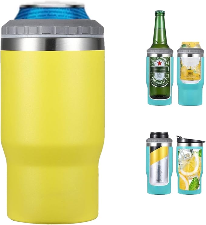 14oz Can Insulator, Two-Way Lids Double Wall Stainless Steel Insulated Can Cooler, Beer Bottle holder (Yellow)