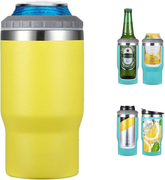 14oz Can Insulator, Two-Way Lids Double Wall Stainless Steel Insulated Can Cooler, Beer Bottle holder (Yellow)