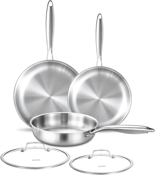 DELARLO Tri-ply Stainless Steel Frying Pan Set with Lid 8"10"12" Induction large Skillets Chef's Pan,Pots and Pans Set Kitchen Cookware Set Suitable for All Stove