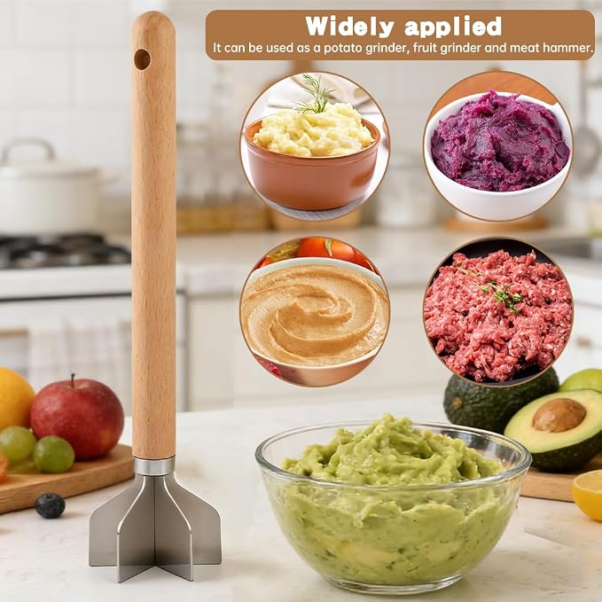 Stainless Steel Meat Chopper with Wooden Handle, 11inch Meat Masher and Tenderizer, Ground Beef Chopper Tool, Hamburger Smasher Tool