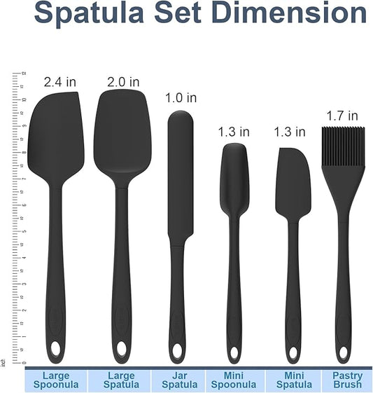 Silicone Spatula Set, 6 Pieces Food Grade Kitchen Utensils with Silicone Brush Heat Resistant Dishwasher Safe BPA-free Rubber Spatula for Scraping, Baking, Cooking, Mixing (Black)