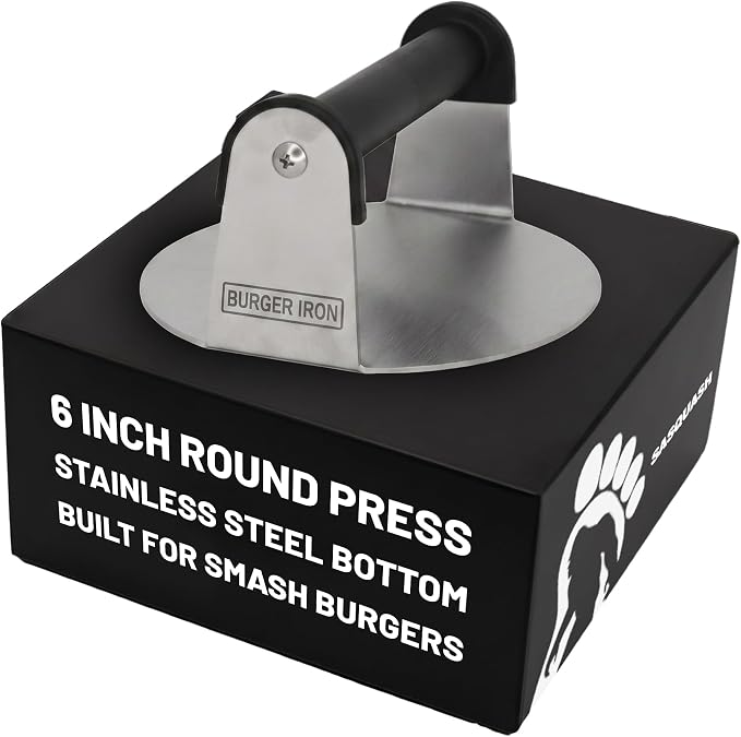 Smash Press, Stainless Steel, Round Flat Bottom Tool, 6 inch | Heavy Duty Hamburger Smasher Flat Top Built For Griddle, Grill and Skillet Cooking, Backyard Kitchen Essential, Cookout Ready