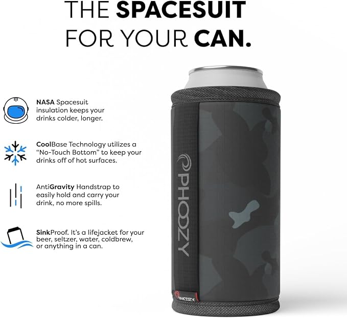 PHOOZY Insulated Can Cooler for Tall 24 oz Cans - Patented Drink Sleeve with NASA-Inspired Technology - Keeps Beer, Soda & Sparkling Water Cold Longer - Lightweight Outdoor Can Holder - Black Camo