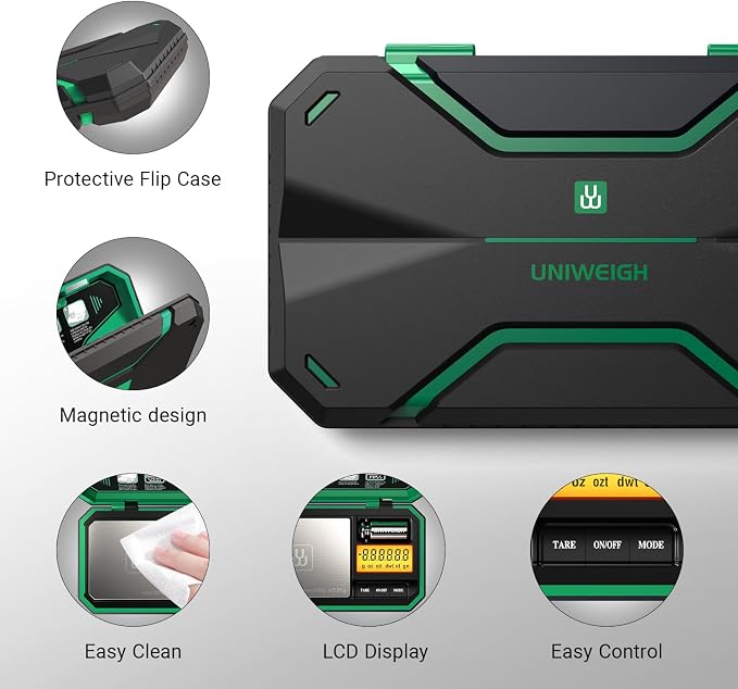 UNIWEIGH Digital Pocket Scale Precision 200g/0.01g Scale Grams Ounces | Mini Jewelry Scale, Coins Scale with 50g Cal Weights for Gold/Silver/Gems/Food,(Battery Included)-Green