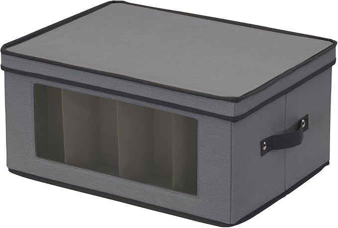 Household Essentials Wine Glass Storage Box in Strong Frame, Handles, Windowed Panel and 12 Compartments, Gray with Black Trim