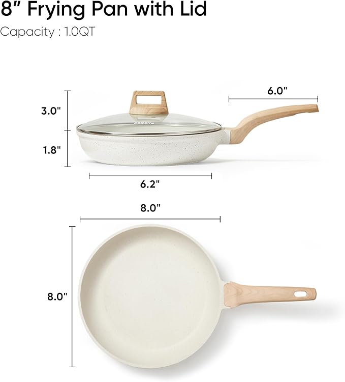 CAROTE Non Stick Frying Pan, 8 Inch Cream White Skillet with Glass Lid | Non Toxic Kitchen Healthy Cookware, Compatible with All Stovetop, Easy to Clean, PFOA Free