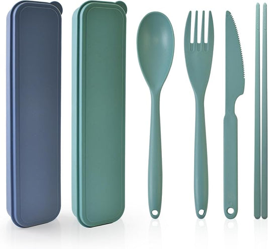 2 Sets Large Reusable Utensils Set with Case, Portable Cutlery Sets | Plastic, Blue and Green, Chopsticks Fork Spoon Knife Set with Lunch Box, For Camping Travel Daily Lunch Use Picnic Outdoor