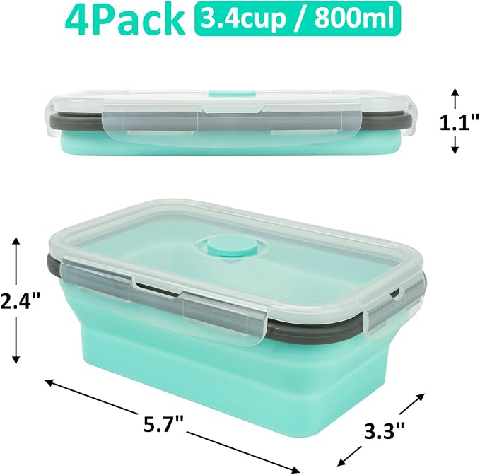 Collapsible Silicone Food Storage Containers Set with Lid & Air Vent,Foldable Lunch Containers(4PCS,Light Turquoise,27oz)