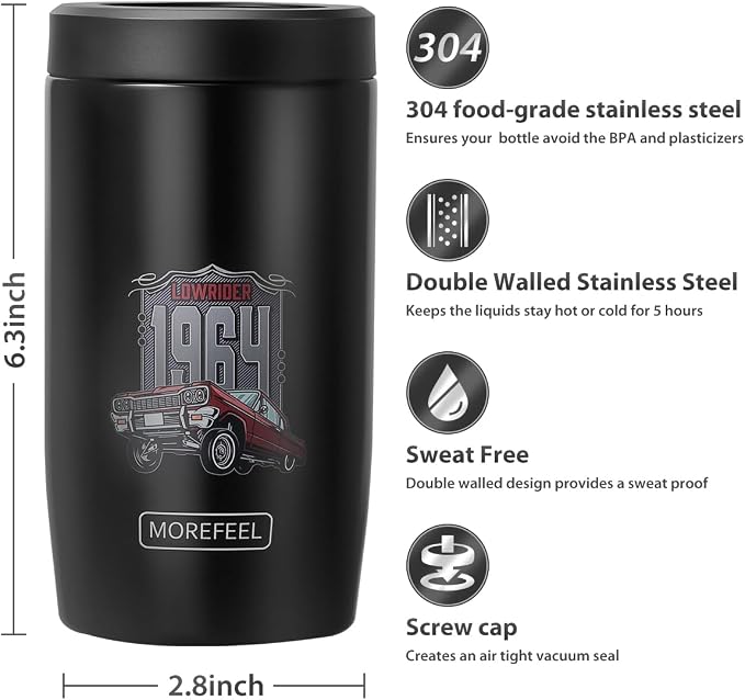 Morefeel 4-in-1 Insulated Can Cooler for 12 oz Cans & Bottles | 304 Stainless Steel Can Holder Fits 12 Oz Slim Cans, Standard Cans, Beer Bottles & Works as A Open Cup; Dishwasher Safe