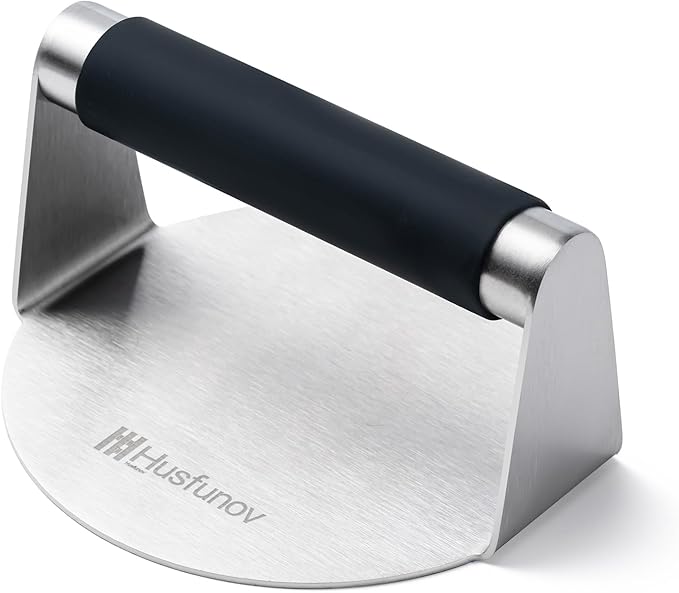 Stainless Steel Burger Press，5.5 Inch Round Smasher，With Anti-Scald Handle | Hamburger Non-Stick Grill Press，Flat Bottom Without Ridges, for Cooking Burgers, Bacon, Ground Beef, Meats, Sausage