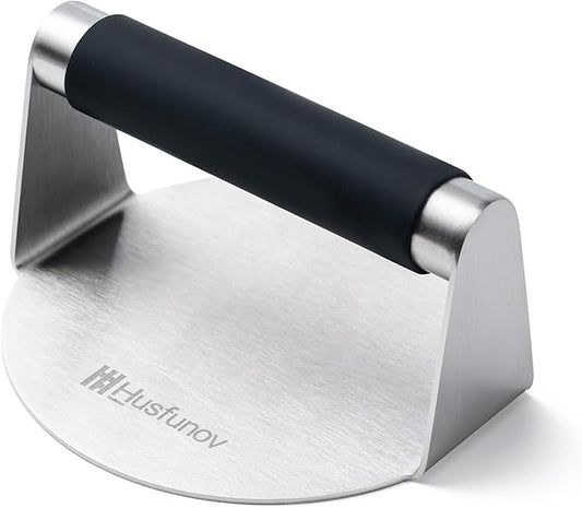 Stainless Steel Burger Press，5.5 Inch Round Smasher，With Anti-Scald Handle | Hamburger Non-Stick Grill Press，Flat Bottom Without Ridges, for Cooking Burgers, Bacon, Ground Beef, Meats, Sausage