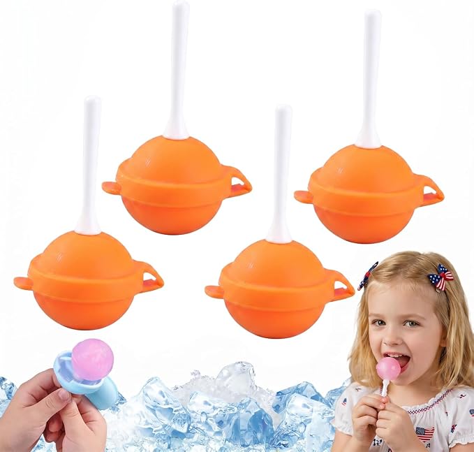 4PCS Reusable Silicone Lollipop Ice Cream Mold, Homemade Popsicle Molds, DIY Creative Ice Pops for Summer, Silicone Popsicle Maker for Juice, Yogurt & Frozen Treats, Fun Dessert Mold (Orange)