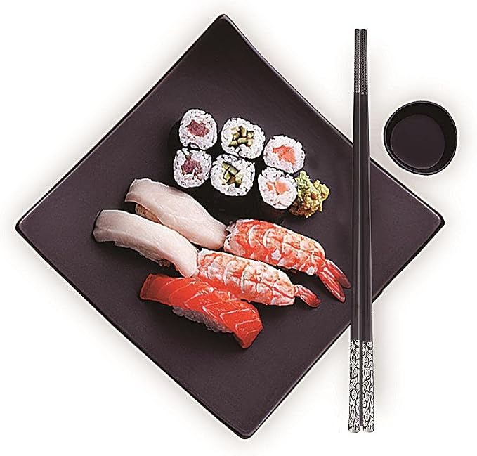 Metal Chopsticks Reusable Titanium Plated Stainless Steel Japanese Korean for Food & Cooking 9.5Inch Non-Slip for Beginners Square Laser 5 Pairs Gift Set