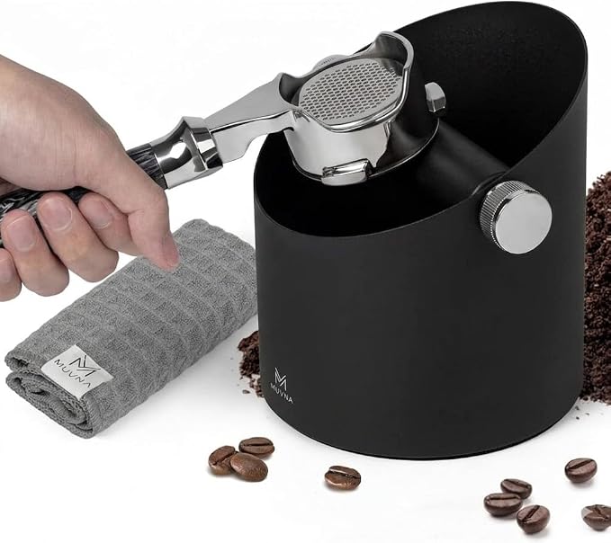 Espresso Knock Box - 15 Pucks Coffee Grounds Bin with Barista Towels, Removable Knock Bar & Non-Slip Base, Slanted Steel Anti-Splash Coffee Puck Container for Home, Espresso Accessories, Black