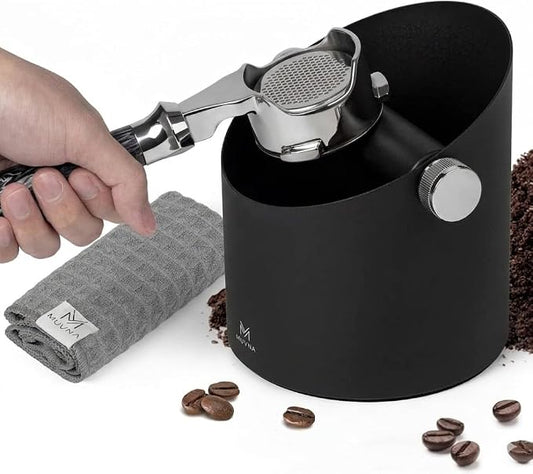 Espresso Knock Box - 15 Pucks Coffee Grounds Bin with Barista Towels, Removable Knock Bar & Non-Slip Base, Slanted Steel Anti-Splash Coffee Puck Container for Home, Espresso Accessories, Black