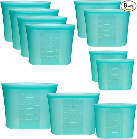 8-Pack Reusable Silicone Food Storage Bags, 100% Silicone Stand-Up Wide-Open Zip-Lock Reusable Storage Bags for Food, Freezer Microwave Oven Dishwasher Safe, Aqua, 4M 2S 2XS
