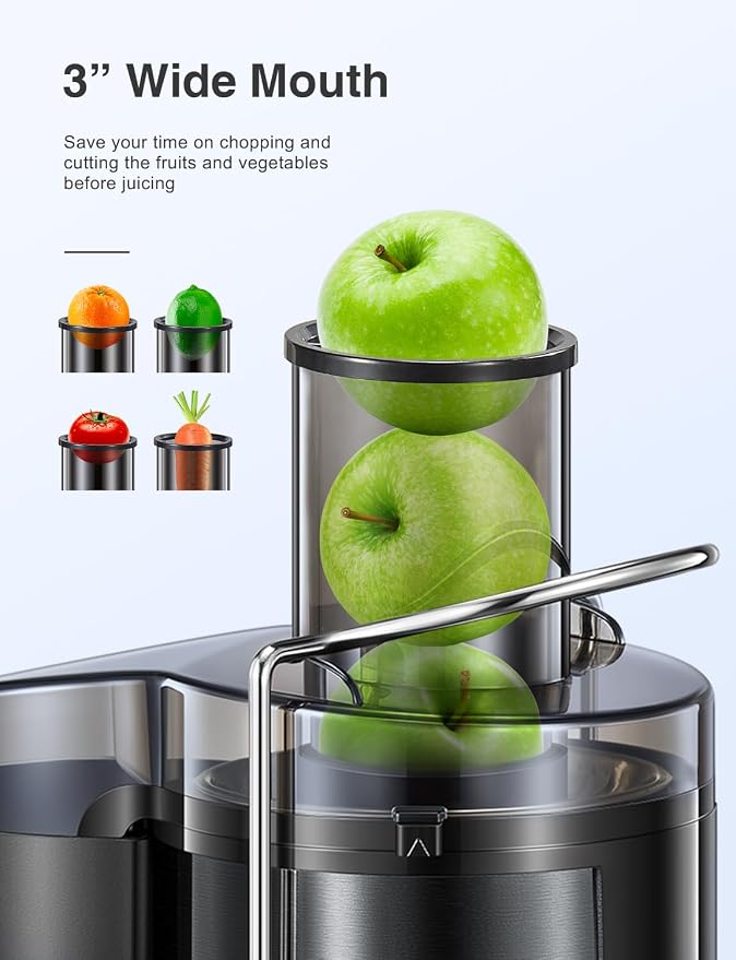 QCen Juicer Machine 500W Centrifugal Juicer with Extra Wide Feed Chute | For Fruits And Vegetables, Stainless Steel, BPA-Free Parts, Easy To Clean, Metallic Black, Countertop Juicer