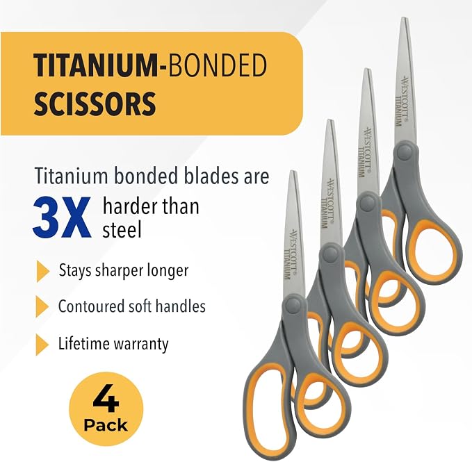 Westcott 8-Inch Titanium Bonded Straight Scissors, Soft Handle, Gray/Yellow, 4-Pack